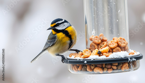 Colorful tit bird enjoying food in feeder during cold winter, static view isolated with white highlights, png