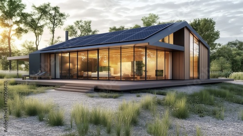 Eco-friendly house solar panels glass walls transparent background sustainability