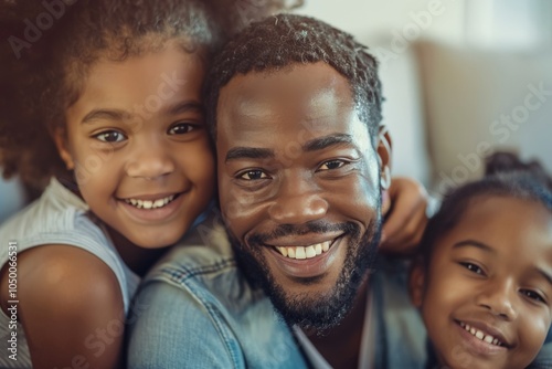 A father embraces his two daughters with big smiles, creating a heartwarming family portrait full of joy and togetherness, capturing a moment of familial happiness. photo