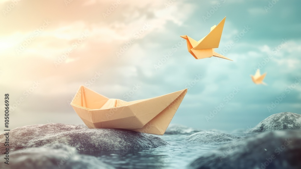 Origami Boat and Bird Sculpture in a Dreamy Seascape Origami Boat and Bird Sculpture in a Dreamy Seascape