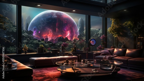 Futuristic Living Room with Cosmic View