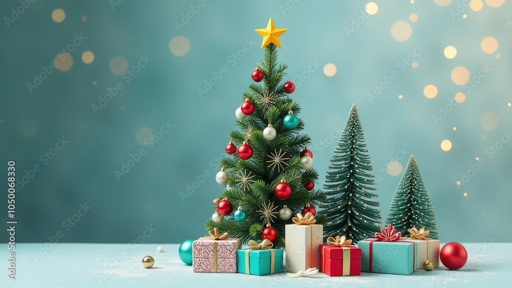 Fototapeta premium A decorated Christmas tree with presents in front of a blue background with warm bokeh lights. Festive Christmas background 