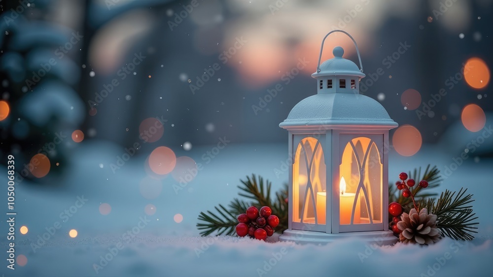 A white lantern with a candle on the snow with red berries and a pine cone, with warm bokeh lights and falling snow in the background. Festive Christmas background
A white lantern with a candle on the snow with red berries and a pine cone, with warm bokeh lights and falling snow in the background. Festive Christmas background