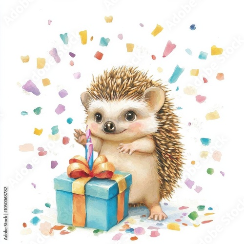 A baby hedgehog with a birthday present and confetti clipart, cute animal celebration, wDigital clipart with oil painting texture, isolated on white background. photo