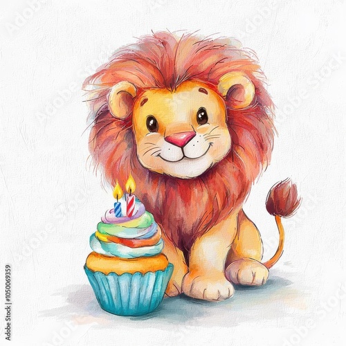 A cheerful lion with a birthday cupcake clipart, cute animal theme, Digital clipart with oil painting texture, isolated on white background. photo