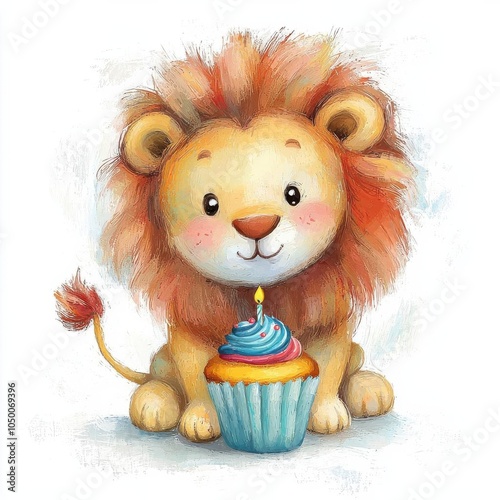 A cheerful lion with a birthday cupcake clipart, cute animal theme, Digital clipart with oil painting texture, isolated on white background. photo