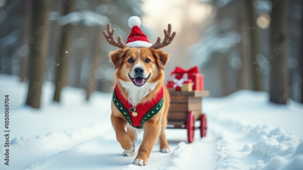 A cheerful dog with reindeer antlers and a festive red Santa hat happily walks through a snowy winter scene with a small wagon full of presents behind him. A cheerful dog with reindeer antlers and a festive red Santa hat happily walks through a snowy winter scene with a small wagon full of presents behind him.