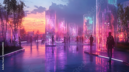 A futuristic plaza with holographic maps guiding people to eco-friendly routes photo