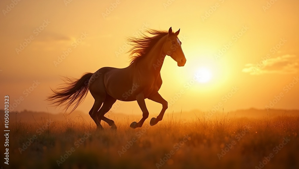 Majestic horse running in field at sunset Majestic horse running in field at sunset