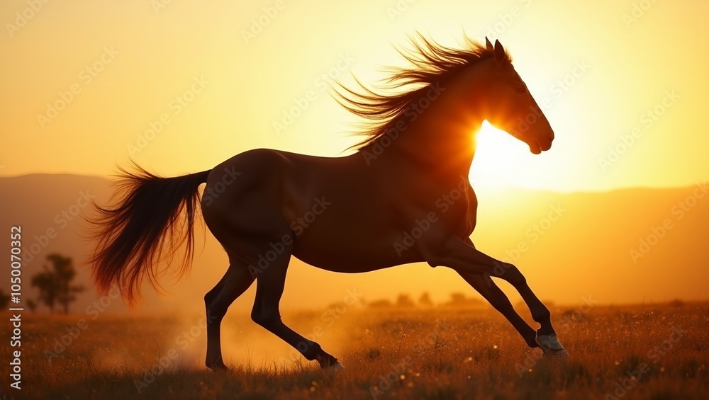 Majestic horse running in field at sunset