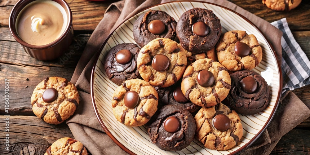 Fototapeta premium A close-up of a plate of homemade chocolate chip cookies with a cup of coffee on a rustic wooden surface