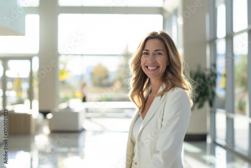 Free Download A woman in a white blazer stands confidently in a sunlit office lobby, radiating positivity and professionalism. The modern setting enhances her approachable demeanor. - GFXLoad