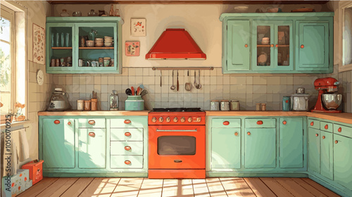 Charming retro kitchen vector with turquoise cabinets, red accents, and an inviting atmosphere, perfect for vintage interior themes.