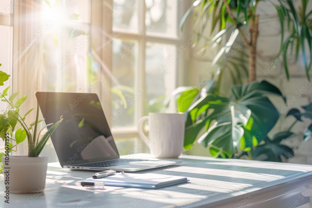 A sunlit workspace filled with greenery, featuring an open laptop and coffee mug, illustrating a serene and inspiring environment for productivity and creativity. A sunlit workspace filled with greenery, featuring an open laptop and coffee mug, illustrating a serene and inspiring environment for productivity and creativity.
