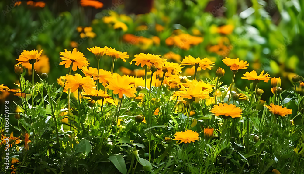 Obraz premium field marigold bright yellow flowers grows herb garden filled calendula arvensis blooms nearby