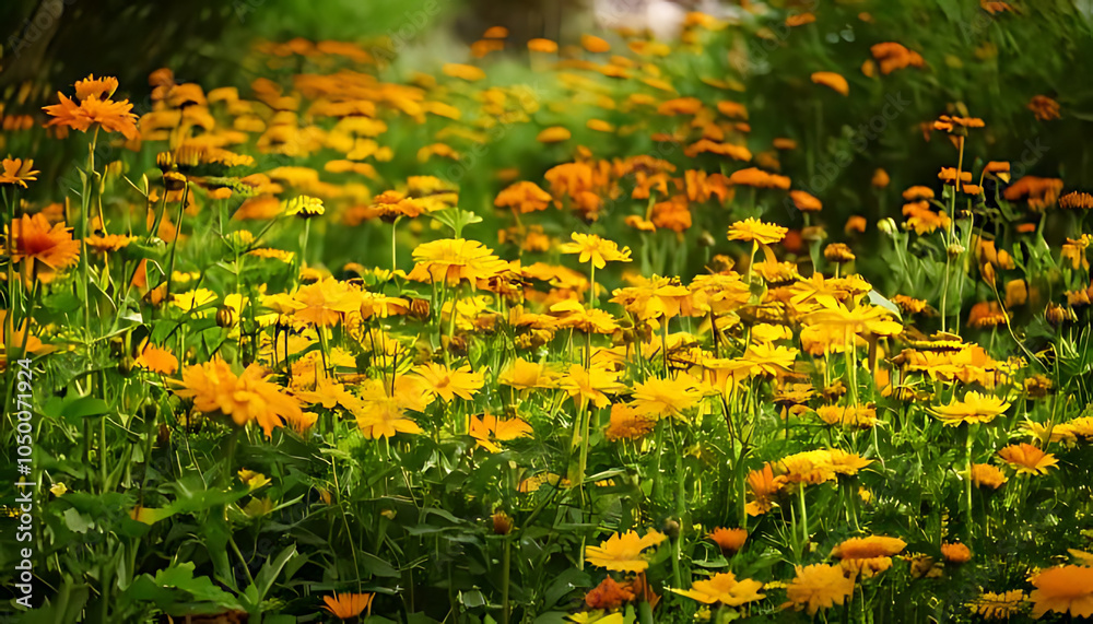 Obraz premium field marigold bright yellow flowers grows herb garden filled calendula arvensis blooms nearby
