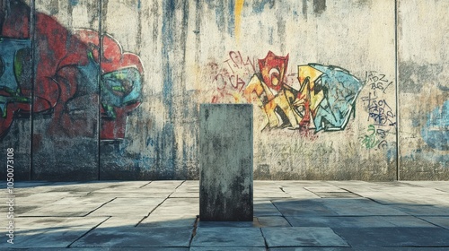 A gritty urban scene with a textured concrete wall adorned with vibrant graffiti, standing behind a weathered concrete podium, invoking a raw, street art atmosphere.