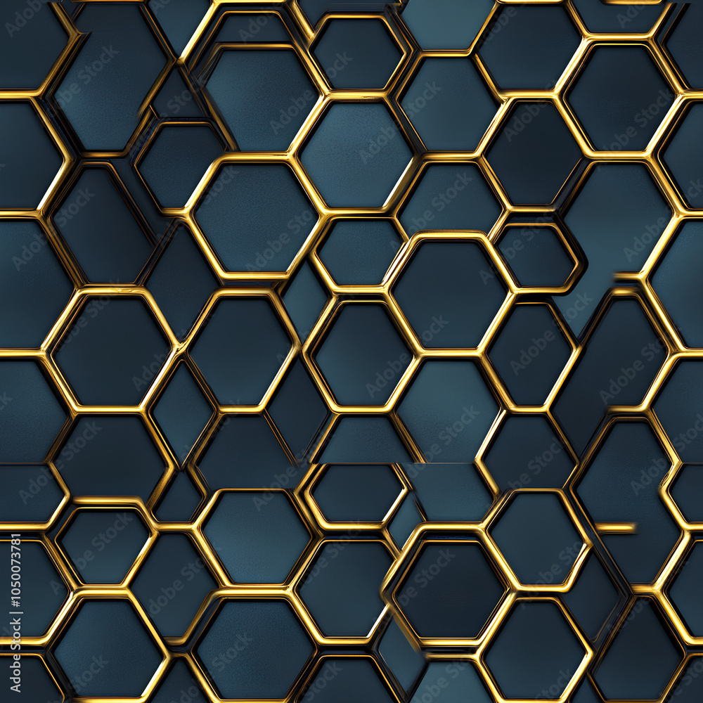 Abstract Geometric Pattern with Gold Hexagon Frames on Dark Blue Background Abstract Geometric Pattern with Gold Hexagon Frames on Dark Blue Background