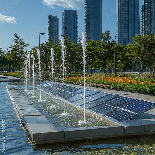 City fountains operating with energy-efficient pumps using solar power photo