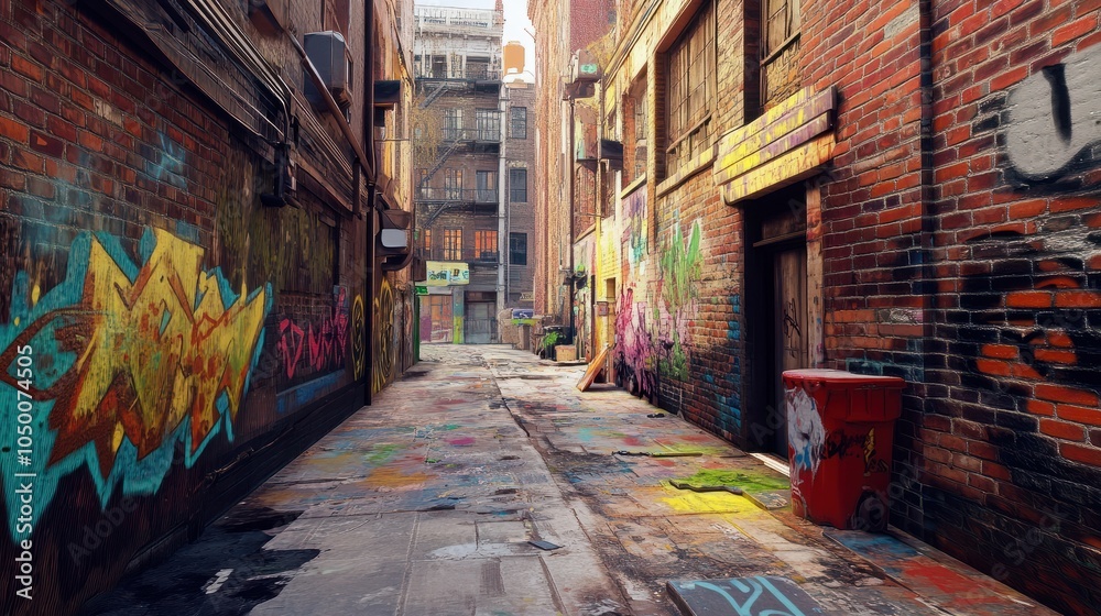 Fototapeta premium A narrow city alleyway with brightly colored graffiti art on the brick walls.