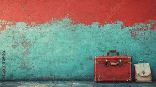 A vintage red suitcase and a smaller bag against a textured wall, evoking travel nostalgia.