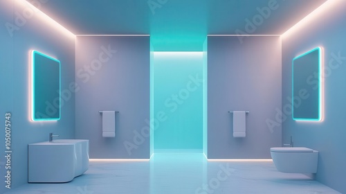 Futuristic bathroom with holographic screens, touchfree faucets photo