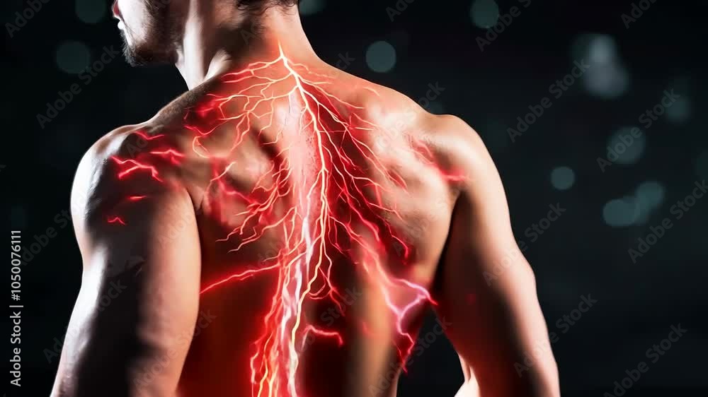 Intense discomfort: depiction of nerve piercing back pain, illustrating sharp, shooting sensation caused by compressed nerves, debilitating effects on movement and overall daily activities.