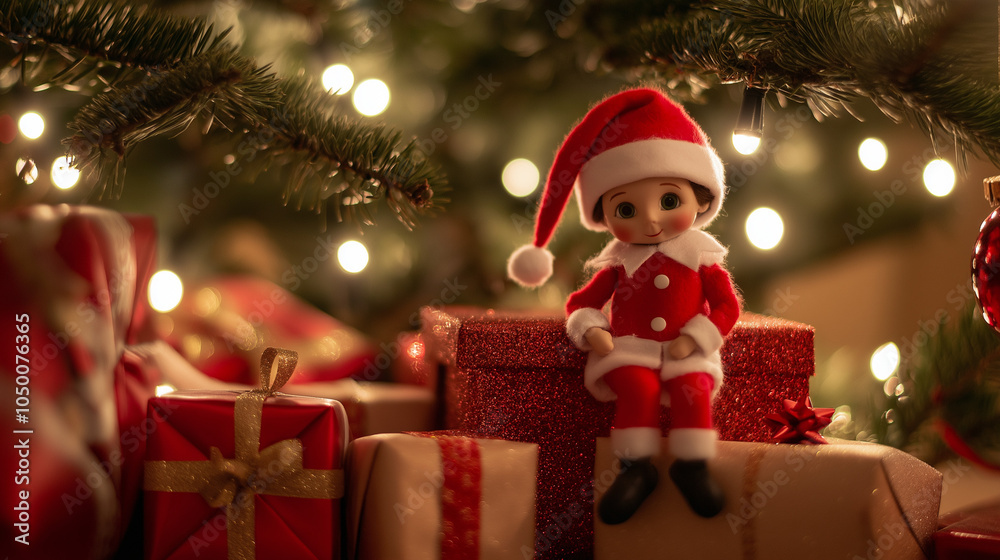 Christmas elf doll sitting under decorated tree Christmas elf doll sitting under decorated tree