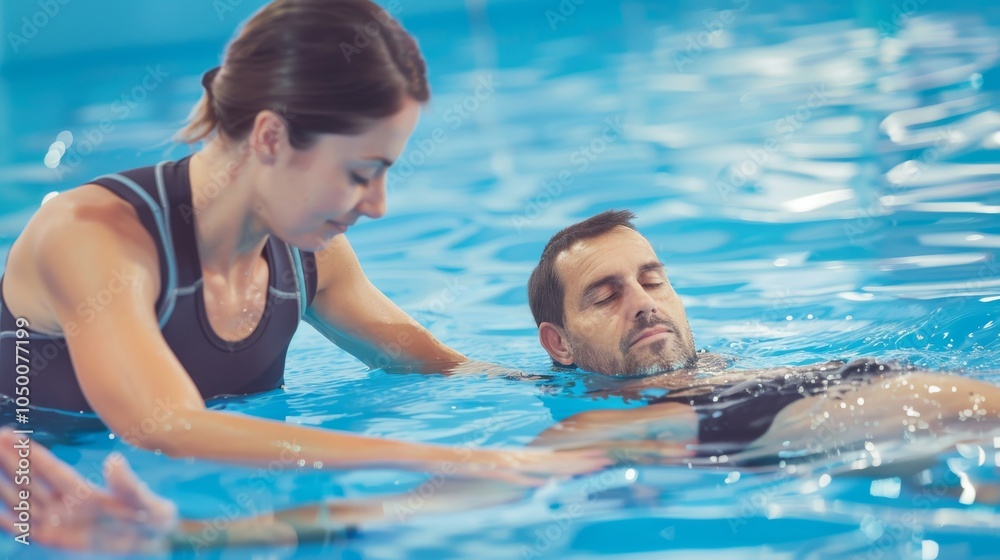 Fototapeta premium A physical therapist guiding a patient through aquatic therapy exercises in a pool rehabilitation center against a serene blue background, macro shot, Realistic style