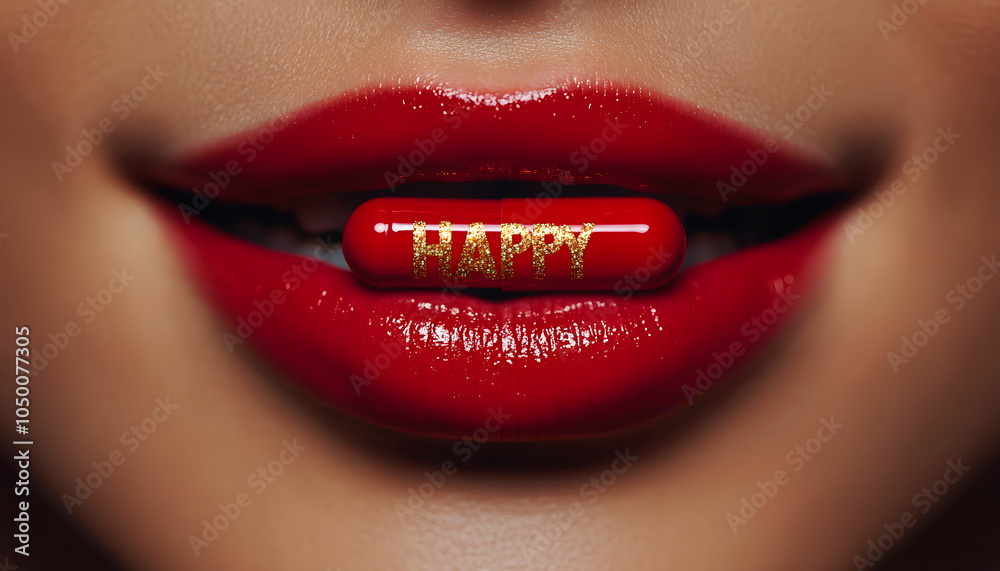 Fototapeta premium Close-Up of Woman's Mouth with Happy Pill and Red Lips