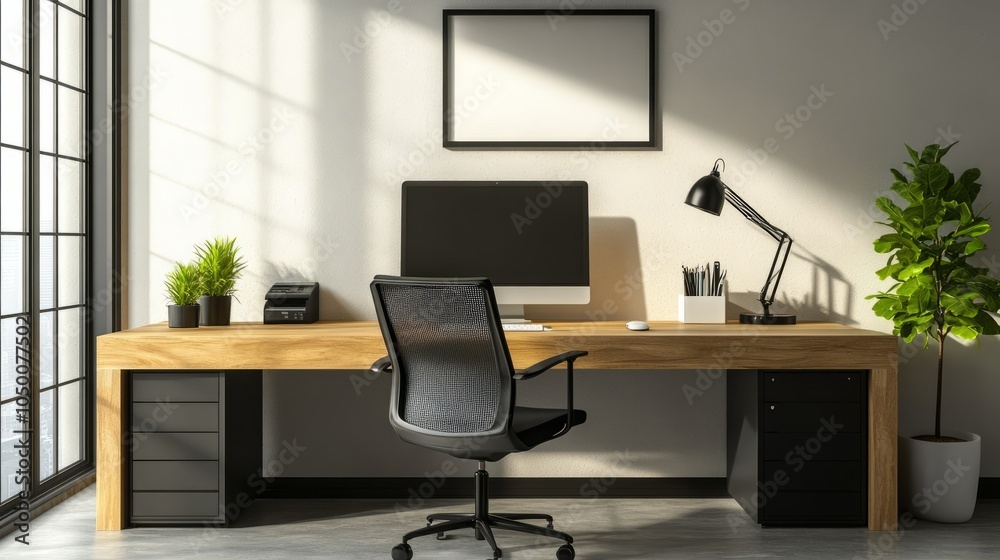 Modern Home Office with Desk, Computer, and Plants Modern Home Office with Desk, Computer, and Plants