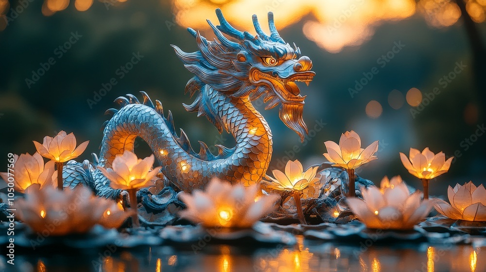 Fototapeta premium Illuminated Chinese lantern shaped as snake, surrounded by flying lotus petals