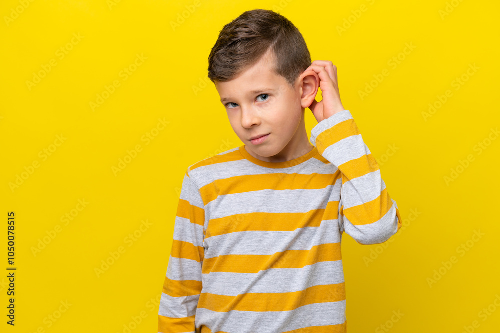 Little caucasian boy isolated on yellow background having doubts Little caucasian boy isolated on yellow background having doubts