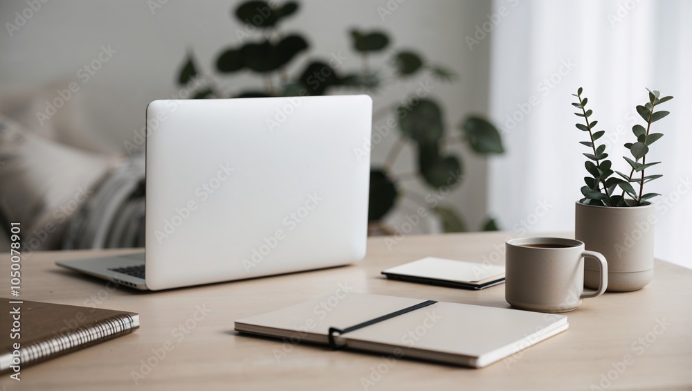 Fototapeta premium Minimalist Home Office Space with Laptop and Green Plants