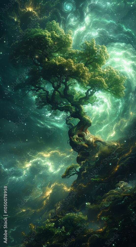 Naklejka premium Mystical Forest Landscape With Glowing Trees and Nebula Sky