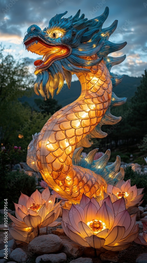 Fototapeta premium Illuminated Chinese lantern shaped as snake, surrounded by flying lotus petals