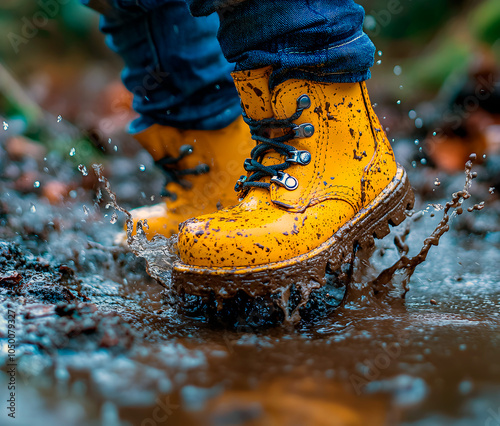 Child's Yellow Boots Splashing Joyfully in Muddy Puddle Outdoors
