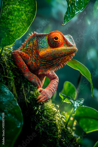 Vibrant Chameleon in Lush Green Jungle Setting