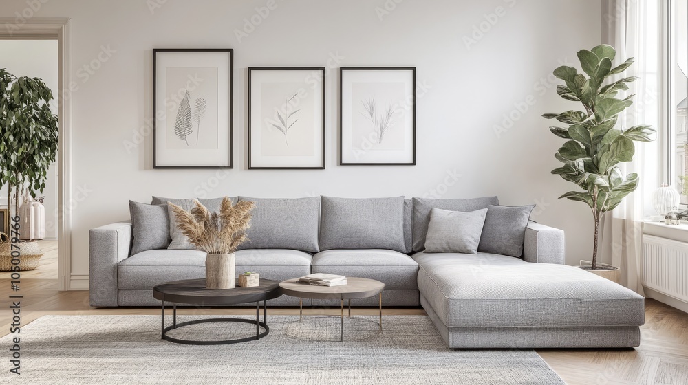 Obraz premium Contemporary Living Room with Gray Sofa and Botanical Decor