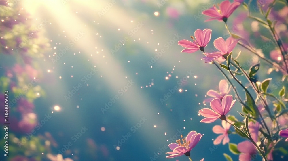 Spring or summer backdrop with flowers, sunlight rays, floating glowing particles, blank copy space. Spring or summer backdrop with flowers, sunlight rays, floating glowing particles, blank copy space.