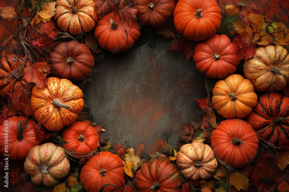 This captivating circular display showcases vibrant pumpkins surrounded by autumn foliage, making it an ideal decor piece for Halloween and Thanksgiving that will impress your guests This captivating circular display showcases vibrant pumpkins surrounded by autumn foliage, making it an ideal decor piece for Halloween and Thanksgiving that will impress your guests