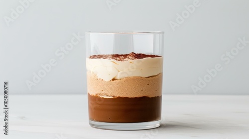 Tiramisu served in a glass with layers of coffee, mascarpone cream, and cocoa dusting, copy space, in white background