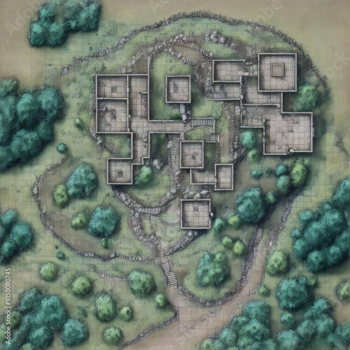 Illustrated Tabletop Map with Ruins and Forest: Fantasy Adventure Setting