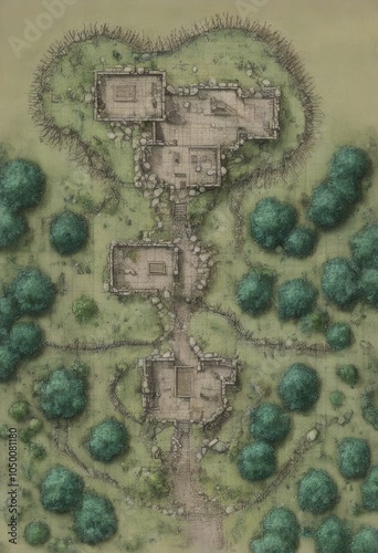 Illustrated Tabletop Map with Ruins and Forest: Fantasy Adventure Setting