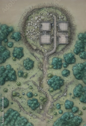 Illustrated Tabletop Map with Ruins and Forest: Fantasy Adventure Setting