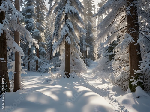 Serene Snowy Sunrise in the Winter Forest photo