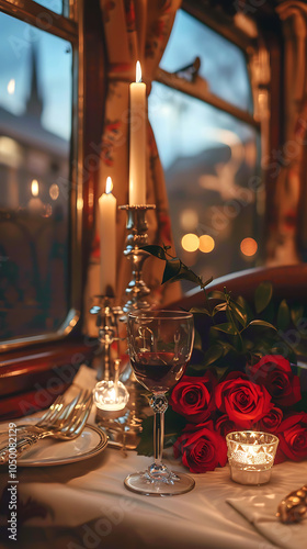 luxurious train carriage dinin, the image depicts a lavish and romantic scene on a moving train in vienna, with detailed elements like wine, candles, roses, and elegant table settings creating an photo