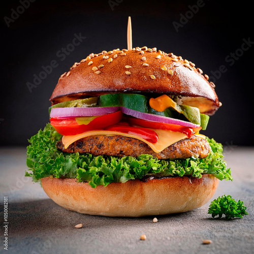 Hamburguesa vegana hecha a base de plantas con ingredientes veganos. Estilo comercial.