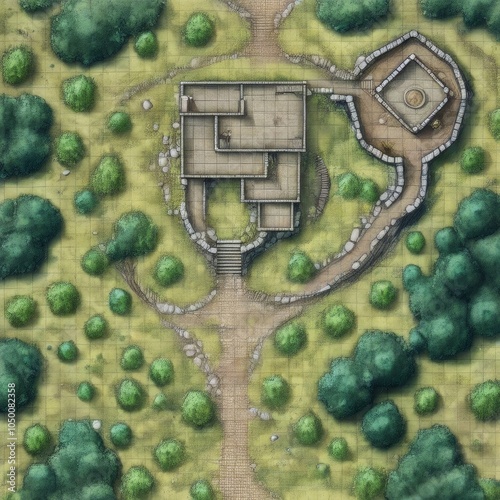 Illustrated Tabletop Map with Ruins and Forest: Fantasy Adventure Setting