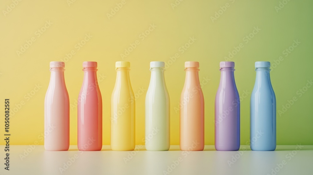 A row of fresh smoothie bottles, each color symbolizing health and vitality, ideal for wellness and food brand promotions